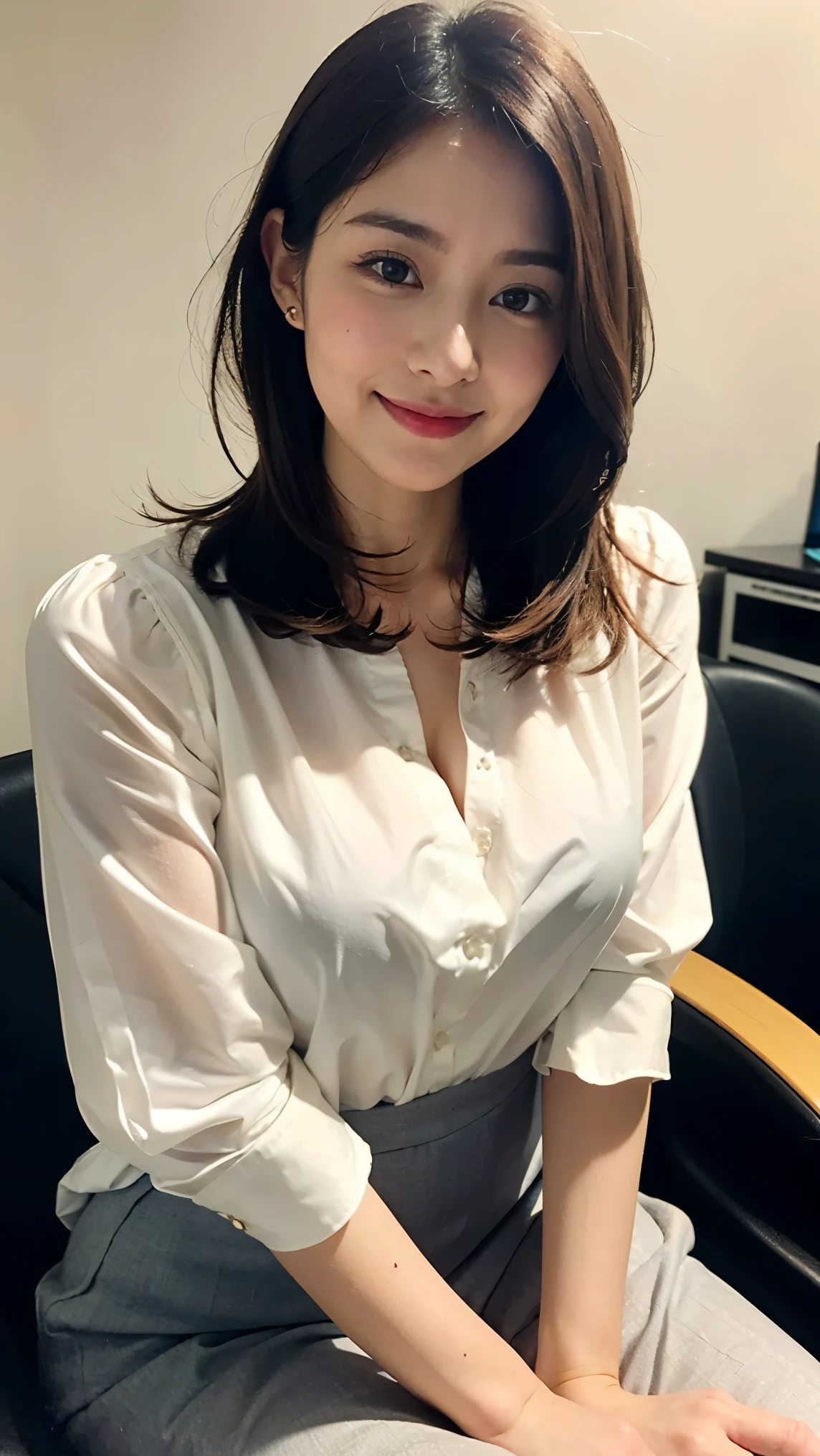 (masterpiece:1.3), (8k, Realistic, Raw photo, highest quality: 1.4), (Medium Hair:1.3), (Real Skin), Beautiful Skin, Charm, Ultra High resolution, Ultra-realistic, High resolution, Big Breasts:1.5、Smiling face:1.5、beauty secretary:1.5、office:1.5、short hair:1.5、blouse:1.5、Very large breasts:1.5、Sitting in a chair:1.5
