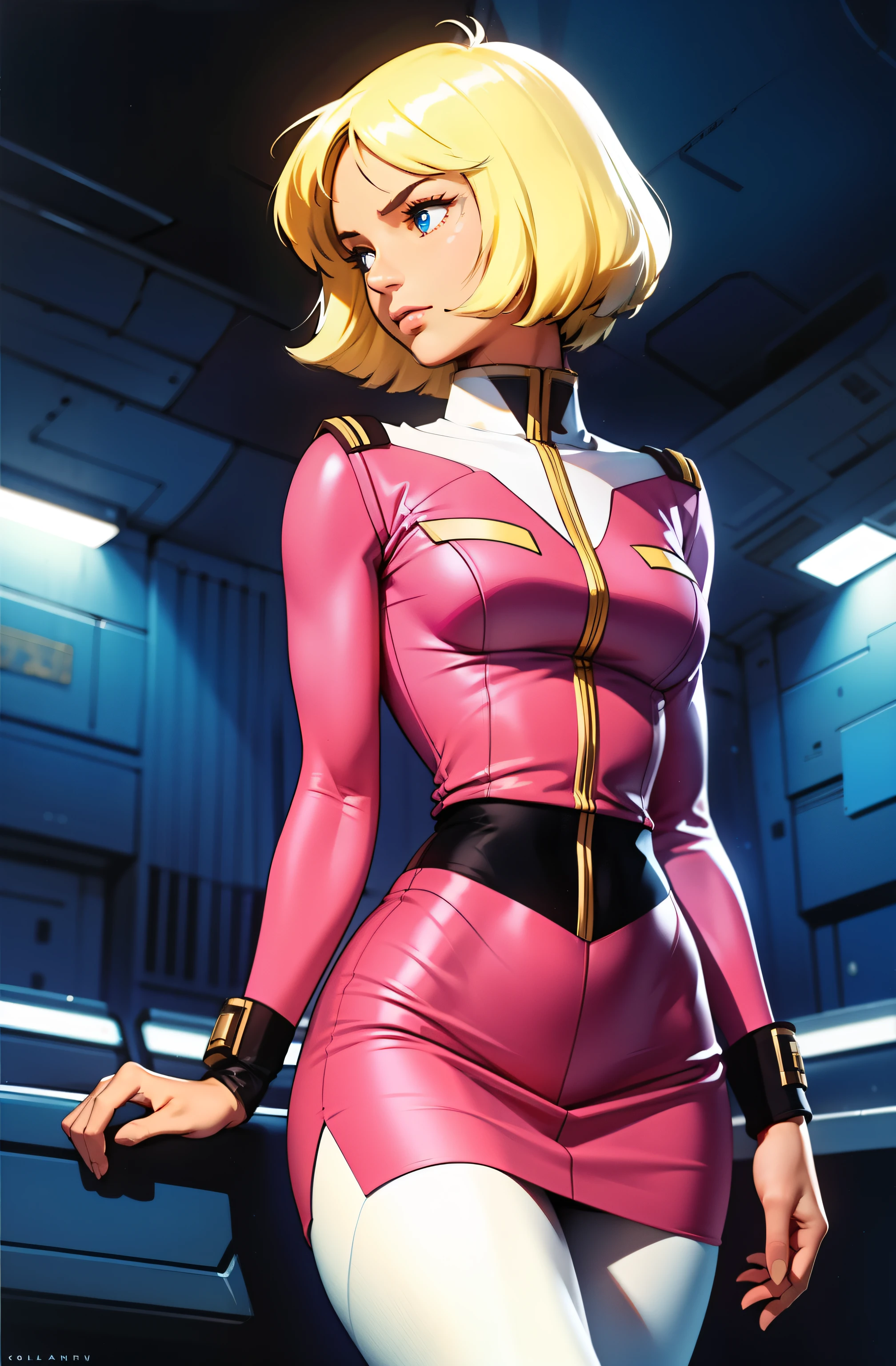 ((masterpiece)), ((cinematic lighting)), realistic photo、Real Images、Top image quality、1girl in, sayla mass, Elegant, masterpiece, Convoluted, slim arms, wide hips, thick thighs, thigh gaps, Best Quality, absurderes, high face detail, Perfect eyes, mature, Cowboy Shot, , Vibrant colors, soft pink uniform, soft pink Skirt, white tights, side view