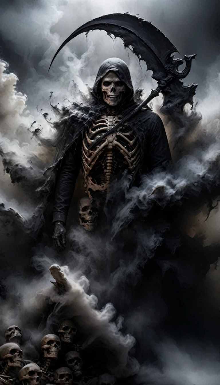 detailed, realistic, digital painting, 8k, Fog forming the figure of a grim reaper with scythe, a reaper rising from smoke, skeleton in black coat, smoky elements, gloomy atmosphere, Engulfed BY black