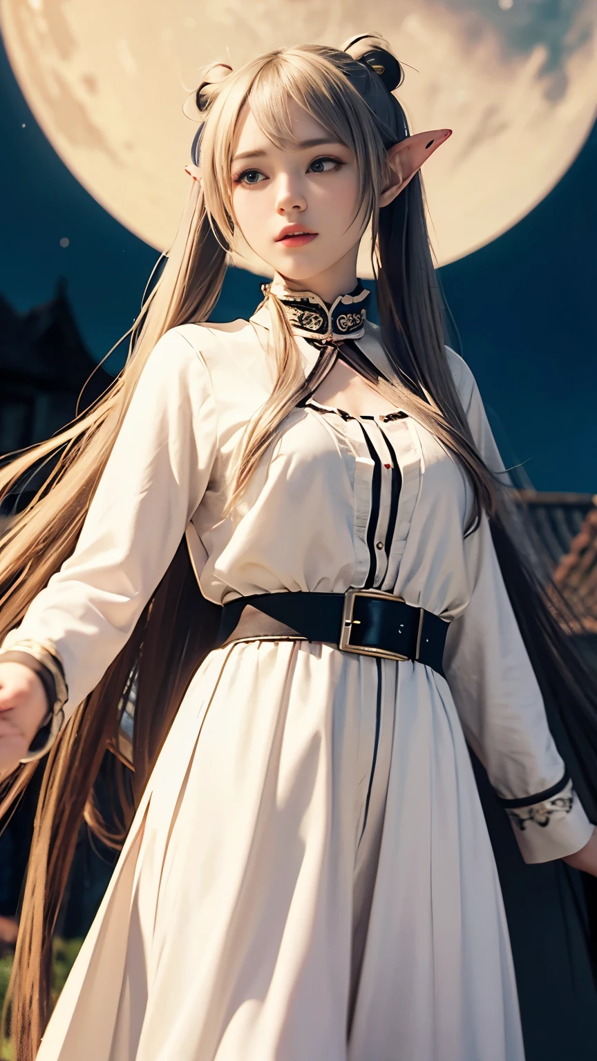 live-action, photo of, green eyes , A scene inspired by the manga 'Frieren: Beyond Journey's End', A hyper-realistic movie photograph of a young elven girl with long, silver hair styled in twin tails. She is wearing a detailed, white robe with gold trim, a black belt, and dark stockings. She is holding a long staff with a red gem at the top, adorned with a ribbon. The background is a simple, night black sky moon neutral color to highlight the character. The scene captures a sense of fantasy and magic, reflecting an epic adventure setting, Floating in the sky