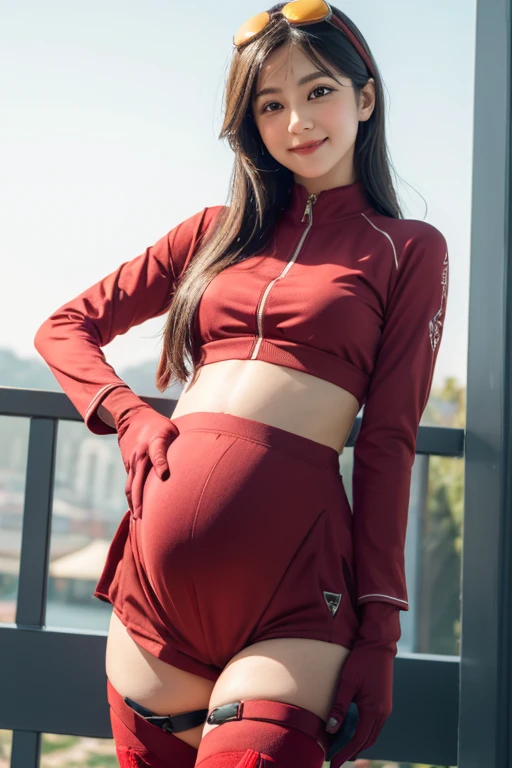 masterpiece, best quality, amber \(Genshin Impact\),Smile,toy doll, 1 Girl,Goggles on head, long hair,Gloves,shorts,brown hair,red stockings, cleveage, Red belt, Long sleeve, Shrug \(clothing\), Jacket,Small bag bright colors beautiful hand,Pregnant,Big, big belly,Pregnantbelly