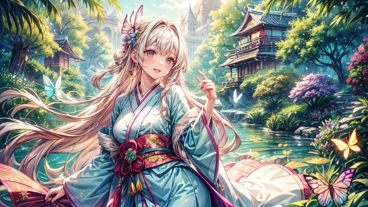 (highest quality, 8k, masterpiece:1.2, Browsing Caution ), one person,pretty girl, mesugaki, Beautiful Face, Beautiful Eyes, Beautiful Hair, Light pink hair, Lots of colorful flowers, sunlight, Tranquil garden, Japanese Kimono, smile, Golden Hour Lighting, Vibrant colors, Happy expression,　 Gentle Breeze, Gentle makeup, freckles, Blonde Hair, loose fitting dress, Pastel colours and scenic atmosphere, Butterflies in the air, Dreamy atmosphere), Bright green, smile, Angelic Pose,