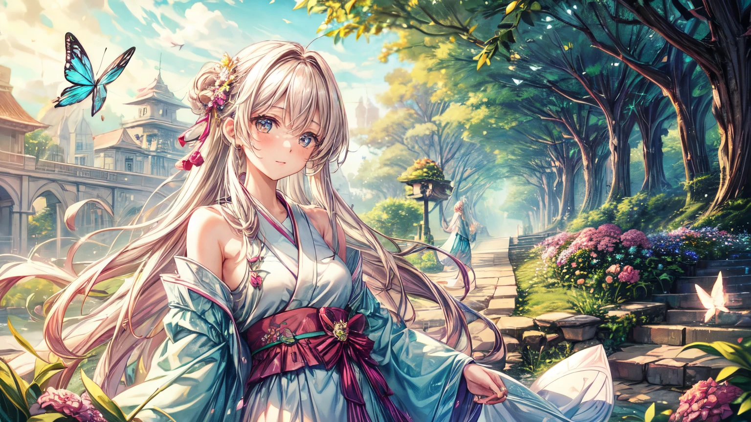 (highest quality, 8k, masterpiece:1.2, Browsing Caution ), one person,pretty girl, mesugaki, Beautiful Face, Beautiful Eyes, Beautiful Hair, Light pink hair, Lots of colorful flowers, sunlight, Tranquil garden, Japanese Kimono, smile, Golden Hour Lighting, Vibrant colors, Happy expression,　 Gentle Breeze, Gentle makeup, freckles, Blonde Hair, loose fitting dress, Pastel colours and scenic atmosphere, Butterflies in the air, Dreamy atmosphere), Bright green, smile, Angelic Pose,