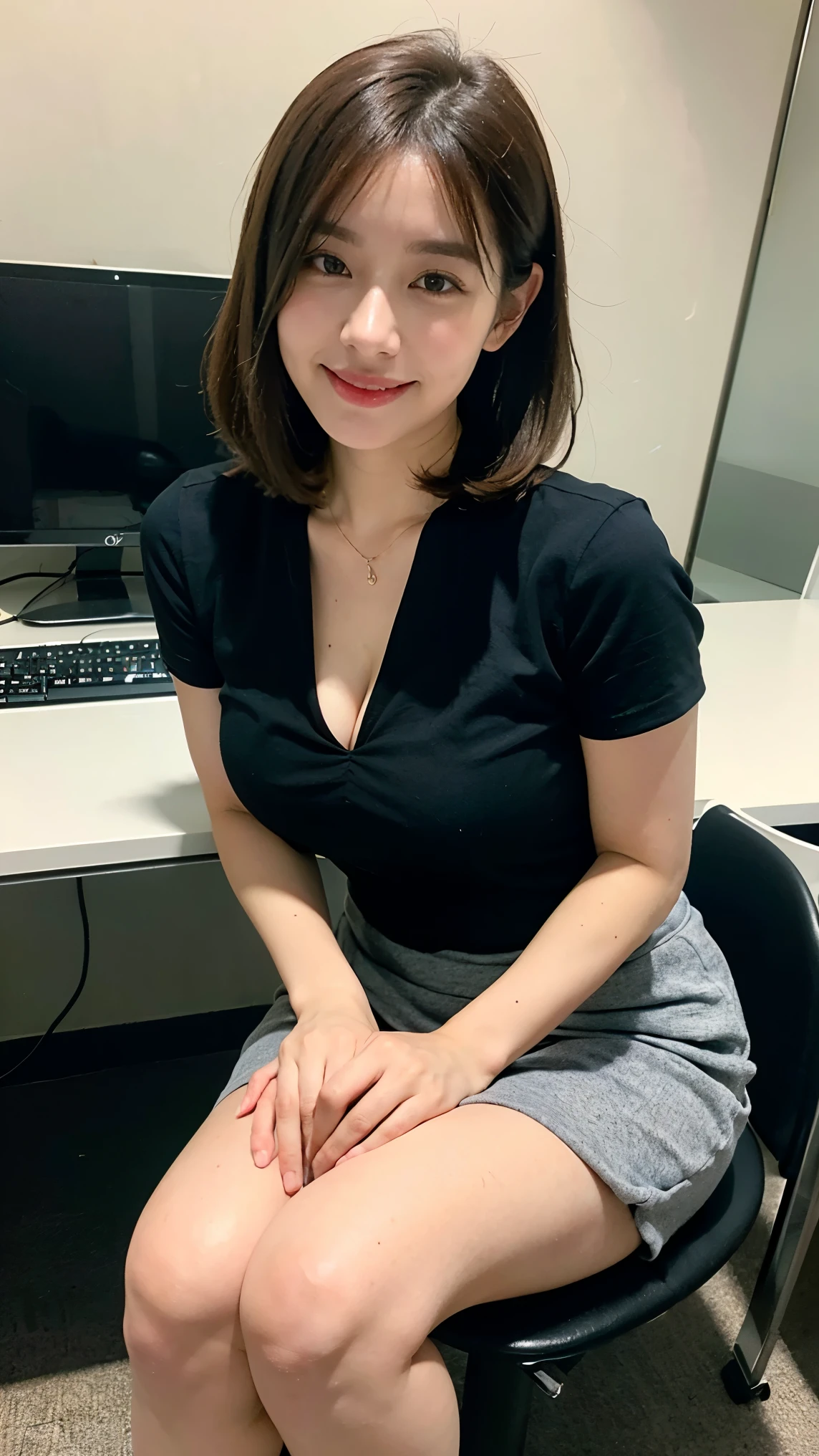 (masterpiece:1.3), (8k, Realistic, Raw photo, highest quality: 1.4), (Medium Hair:1.3), (Real Skin), Beautiful Skin, Charm, Ultra High resolution, Ultra-realistic, High resolution, Big Breasts:1.5、Smiling face:1.5、beauty secretary:1.5、office:1.5、short hair:1.5、blouse:1.5、Very large breasts:1.5、Sitting in a chair:1.5