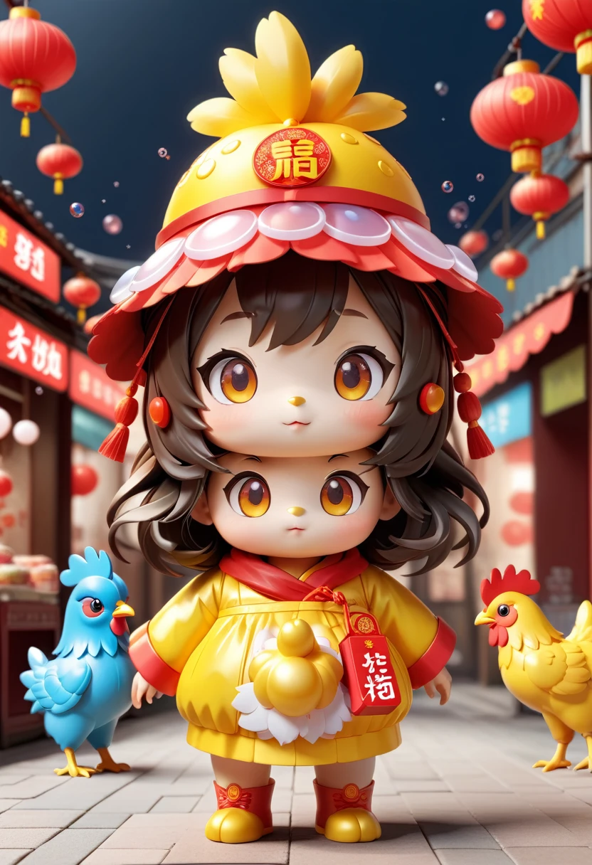 Wearing a Chinese chicken hat, Bright Eyes, Bubble Mart Blind Box, 3d rendering，girl