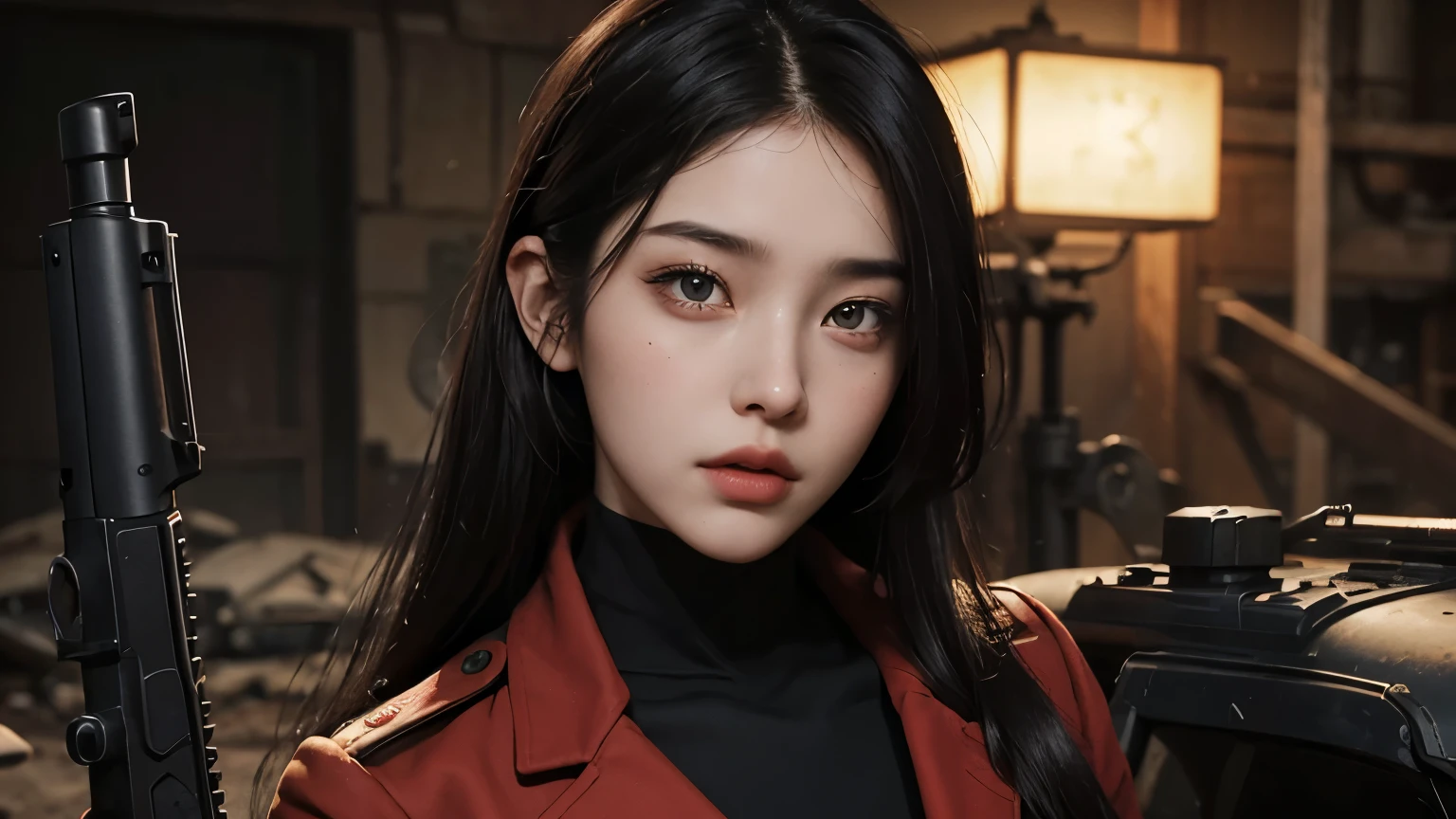 A beautiful woman. Detailed drawing of the face. Beautiful double eyes. The bridge of my nose. Well-shaped lips. Black hair. Twenty years old. He has a serious expression on his face. She wears a red combat uniform and carries a large gun. She stands in a wasteland reminiscent of Mars. masterpiece