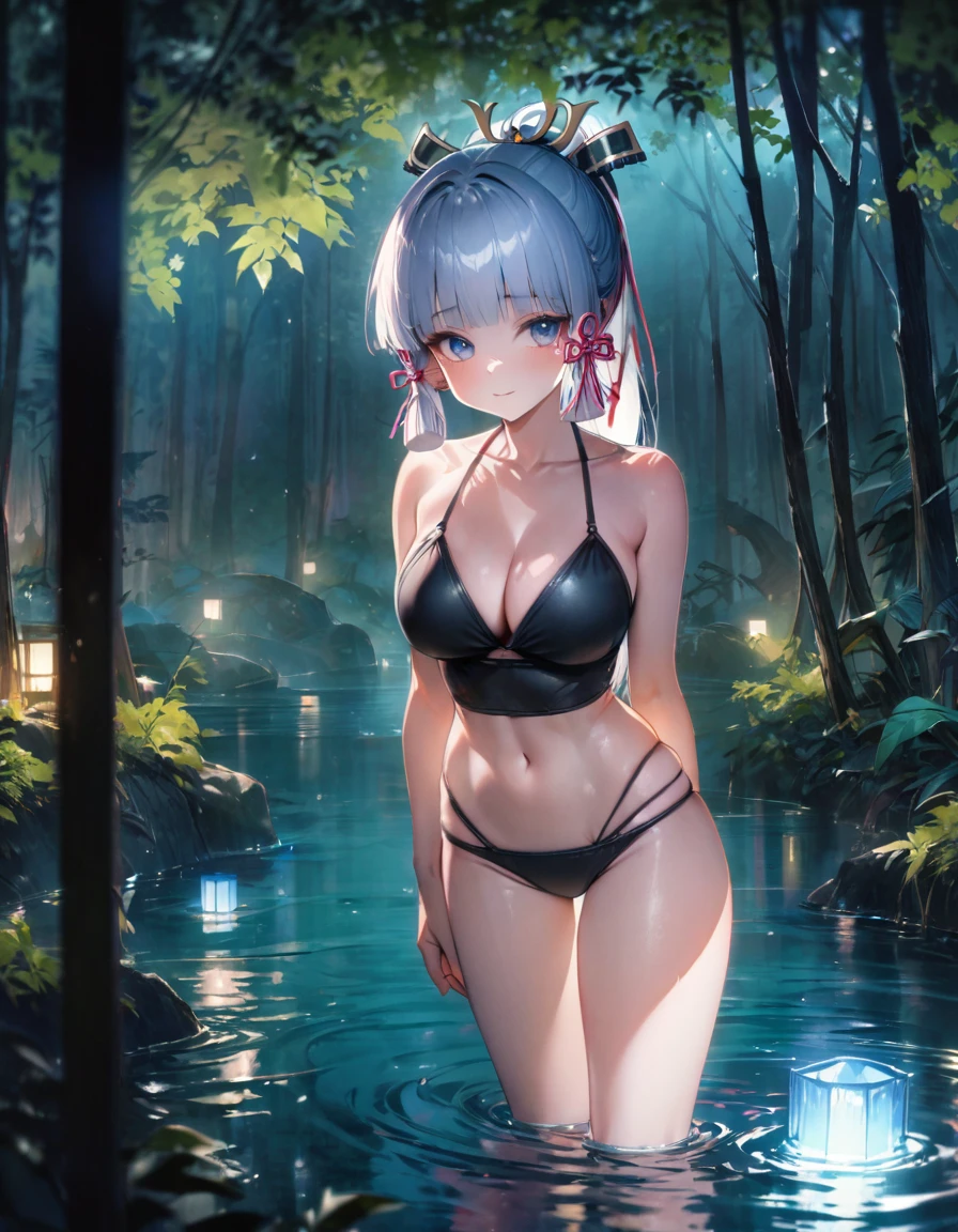 (SFW), ultra-detailed, best quality, illustration, detailed textures, vivid colors, soft lighting, blushing, mature, soft skin, beautiful, 4K, medium breasts, cleavage, kamisato_ayaka, solo, bright eyes, standing, slim body, narrow waist, (from front:1.5), bare thigh, beautiful-detailed eyes, ((black bikini)), ((forest background, standing in the pond, nighttime, dark forest with moonlight seeping through the canopy)),