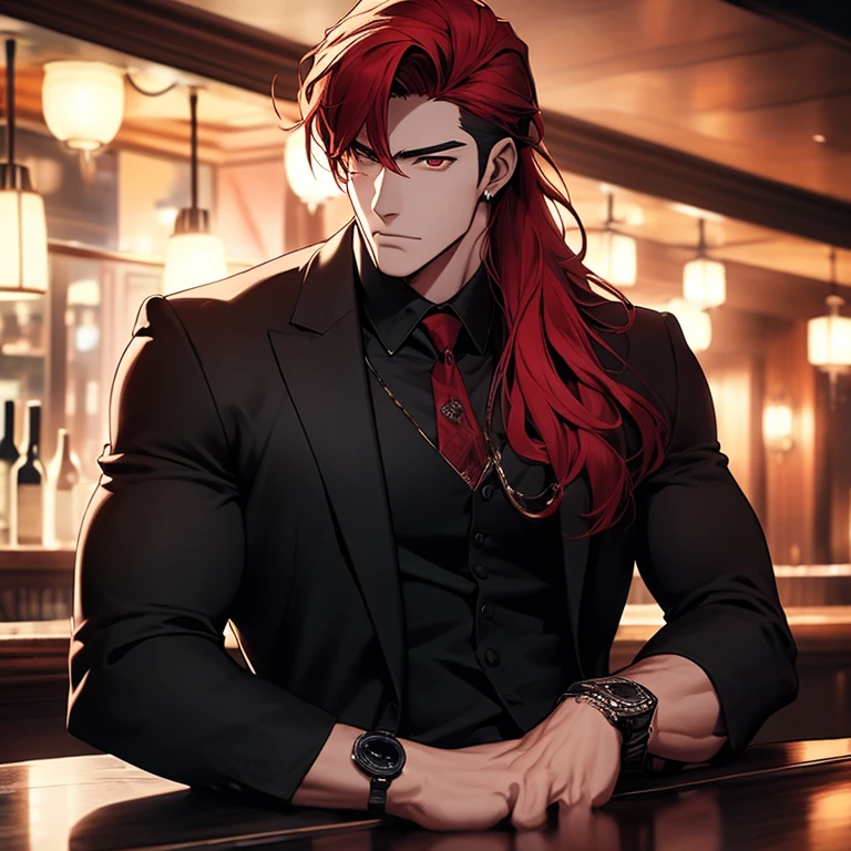 perfect fingers , manhwa style , male character
, face cool , red hair , Big muscle , Tall , black long coat , bar restaurant backdrop , sitting in a chair , table with a bottle of wine , romantic atmosphere