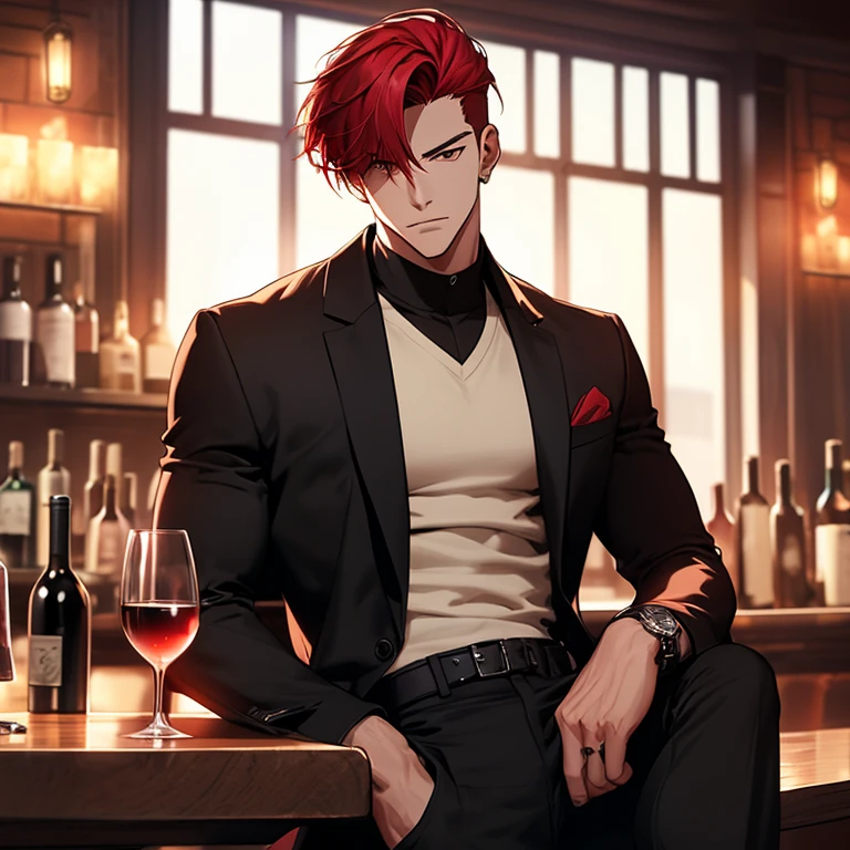 perfect fingers , manhwa style , male character
, face cool , red hair , Big muscle , Tall , black long coat , bar restaurant backdrop , sitting in a chair , table with a bottle of wine , romantic atmosphere