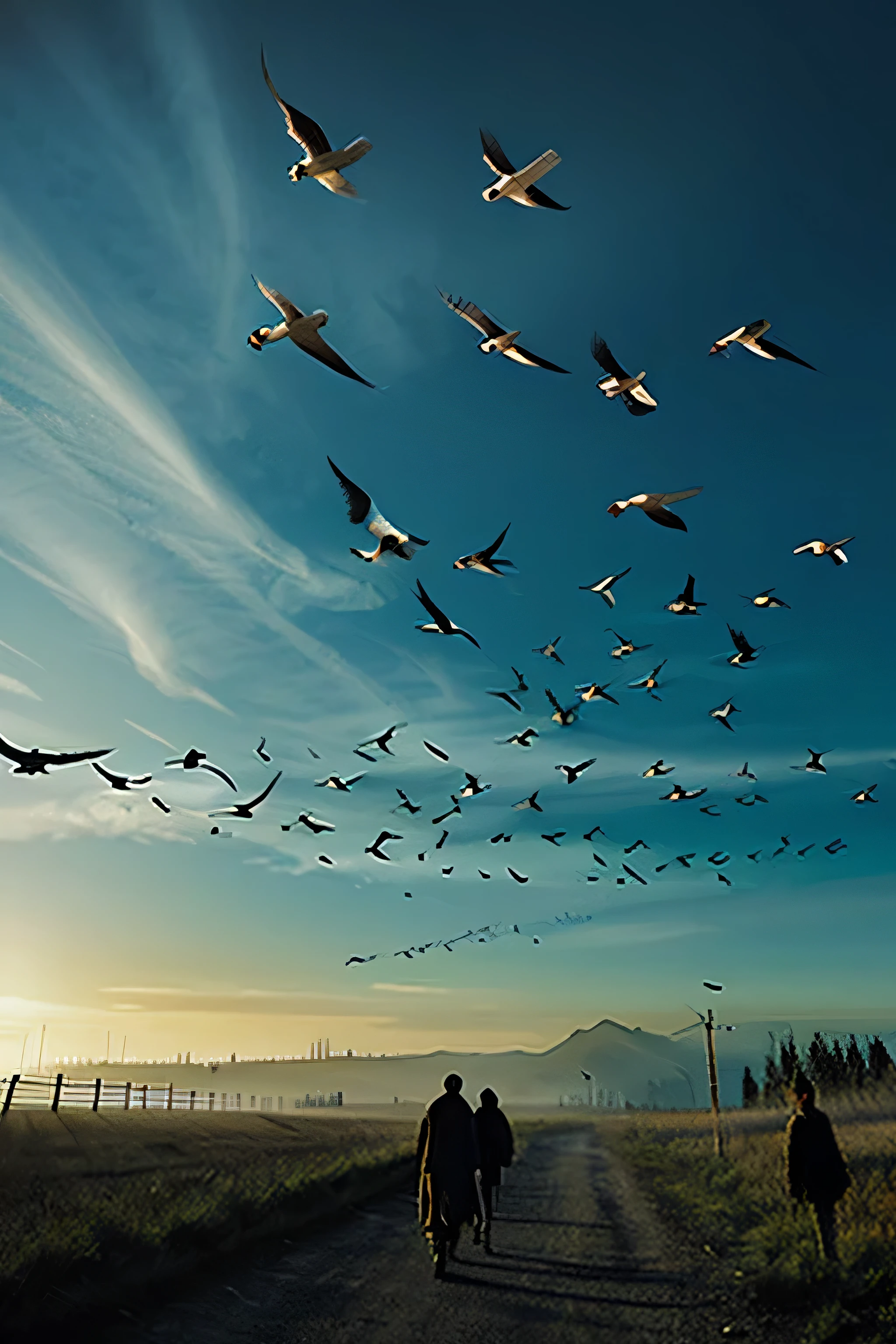 Ultra-realistic photo of a large flock of over 100 birds flying in the sky, exhibiting strange and erratic behavior, ominous sky with unsettling colors, foreboding atmosphere, pre-earthquake signs, sense of fear and tension, highly detailed, lifelike rendering, dark and eerie setting