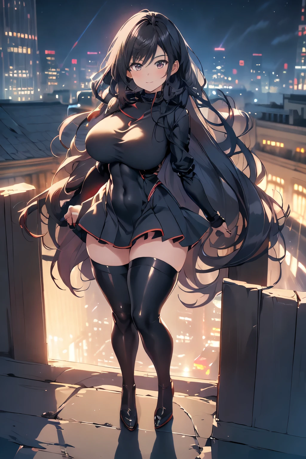 anime, (artwork, best quality, ultra-detailed, high contrast), beautiful, Alone, 1 woman, full body, plus size body, Long hair, black hair, blue highlights at the ends of the hair,red eyes, perfect eyes, ruby sparkles, black leather bodysuit, pleassed skirt, red cloak, (transparent black socks), futuristic, cyberpunk, cinematic angle, Cinematic lighting, Work of art, best quality, nsfw, crotch rubbing standing on the edge of the skyscraper, (skyscraper roof, overlooking a city, detailed background ((night time, Darkness, low light pollution)))