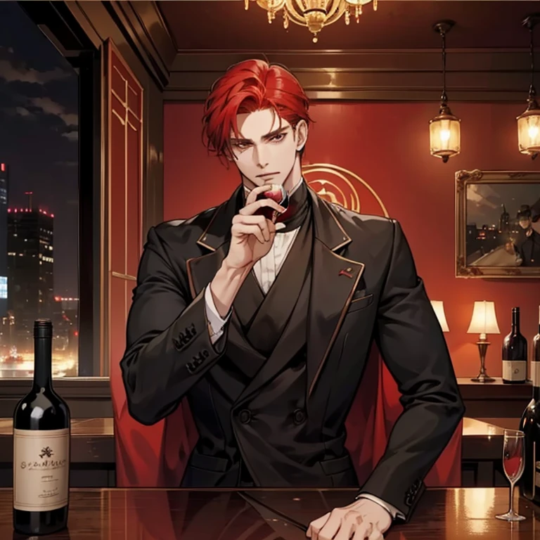 perfect fingers , manhwa style , male character
, face cool , red hair , Big muscle , Tall , black long coat , bar restaurant backdrop , sitting in a chair , table with a bottle of wine , romantic atmosphere