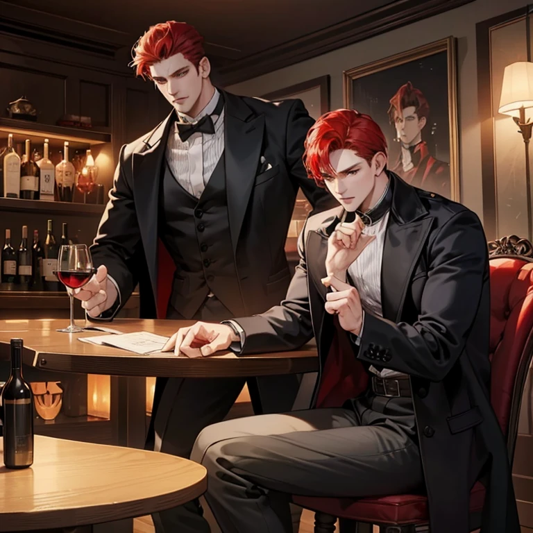 perfect fingers , manhwa style , male character
, face cool , red hair , Big muscle , Tall , black long coat , bar restaurant backdrop , sitting in a chair , table with a bottle of wine , romantic atmosphere