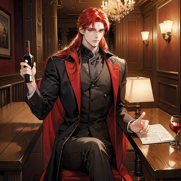 (1 person)((Boy :1.2))((Mysterious man)), (Sit on a red leather sofa), Shiny hair, Thick hair,Fully dressed,((Hair endorsement,Comb hair back to the sides,damp hair,extremely short hair)), There is no hair on the forehead, Perfect gangster hairstyle, Male legs, Very short hair, The best ratio of four fingers to one thumb, (Holding a wine glass in his hand)(The shirt), (Wide environment) Black eyes, fantasy, Dark fantasy, Perfect hand, fantasy, romatic, Kravyod, (Architecture of the Baroque period), In the auditorium, Best light and shadow