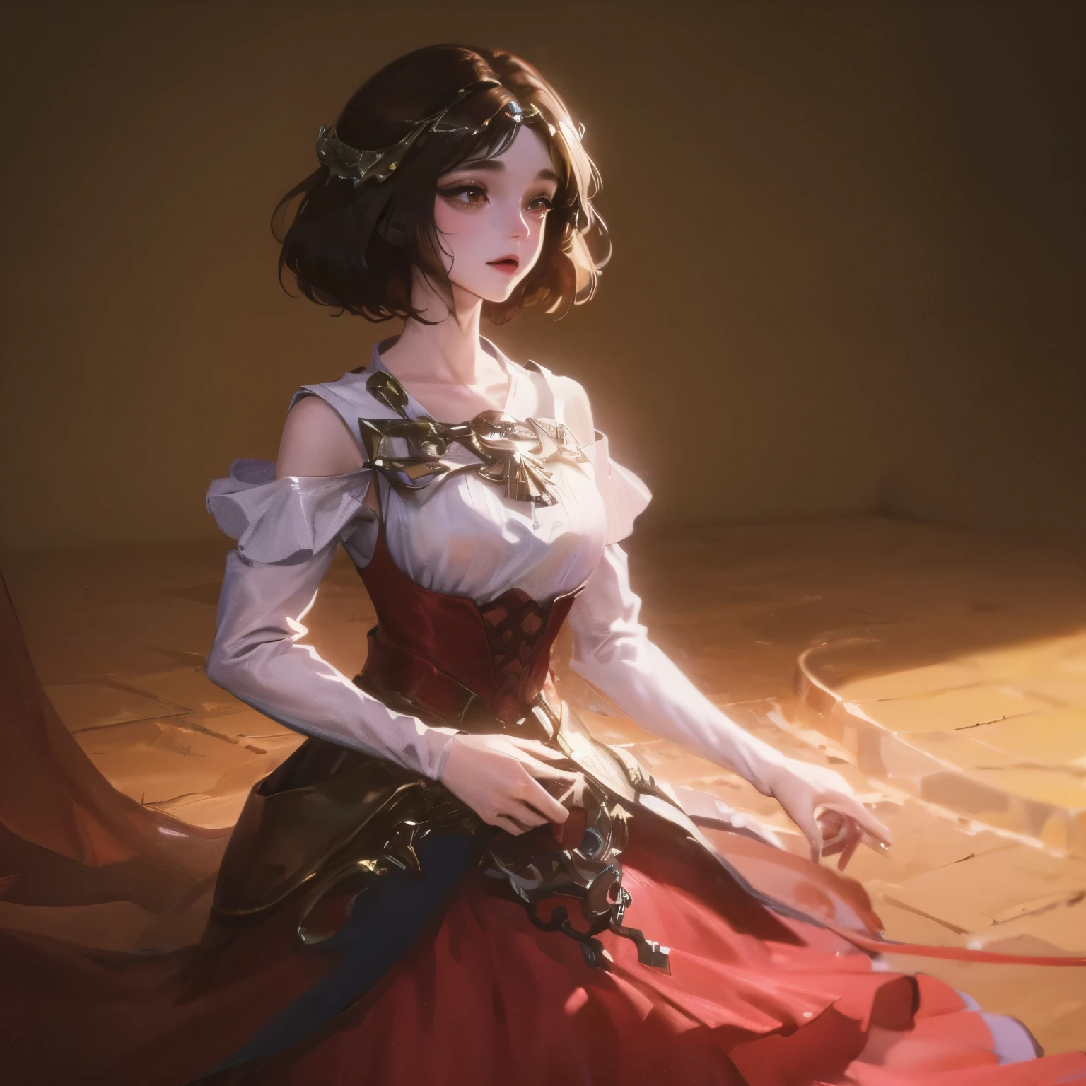 (masterpiece),(best quality), illustration, (fantasy:1.4), long brown hair, Long eyelashes, Solid round eyes, A faint smile, Surrealism, shadow, Relief, Stereogram, Atmospheric perspective, 8K, Super Detail, precise, best quality, Ultra HD, Textured Skin, Long skirt,