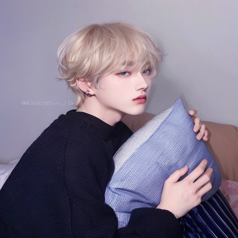 arafed boy with blonde hair and blue eyes holding a pillow, male ulzzang, with short hair, cai xukun, jimin\'s plump lips, short platinum hair tomboy, sakimichan, wan adorable korean face, delicate androgynous prince, kim doyoung, beautiful androgynous prince, xqc, girl with short white hair, sunoo enhype 