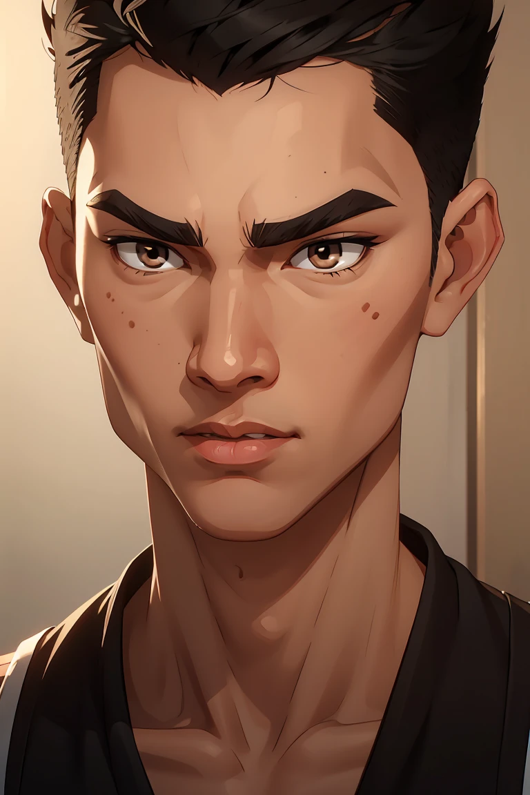 Asian guy, short black hair in crew-cut hairstyle, dark brown eyes, small straight nose, round face, slim, tall and slim, basketballer body type, average face, beauty spot on cheek, ((close-up of face))