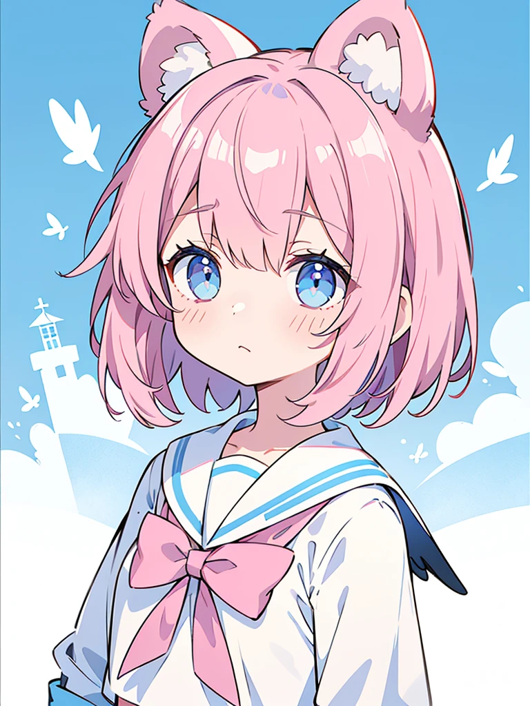 ski style, 1 girl, alone, pink hair, animal ears, blue eyes, wing, looking at the viewer, bangs, short hair, bow, sailor collar, white sailor collar, hair bow, pink bow, closed mouth, shirt, white shirt, bear ears, bob cut, mini wing, portrait, detached wing, compensate, Upper body, background city