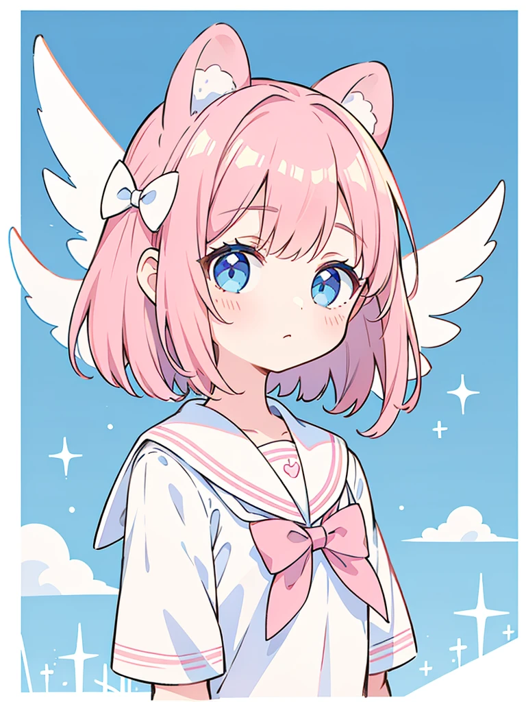 ski style, 1 girl, alone, pink hair, animal ears, blue eyes, wing, looking at the viewer, bangs, short hair, bow, sailor collar, white sailor collar, hair bow, pink bow, closed mouth, shirt, white shirt, bear ears, bob cut, mini wing, portrait, detached wing, compensate, Upper body, background city