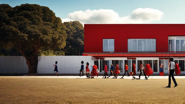 White wall school, Teaching Building, playground, Ultra wide angle, Several students are walking with their school bags on their backs, The solemn five-star red flag, , Stand tall proudly. The sky is a picturesque backdrop, Decorated with fluffy clouds，Seems to be dancing on the ground. Beeple&#39;s signature style comes to life through meticulous digital rendering, Pure color palette, Under the blue sky，The building looks more magnificent. The atmosphere here is full of awe and elegance, Students with backpacks walking on campus