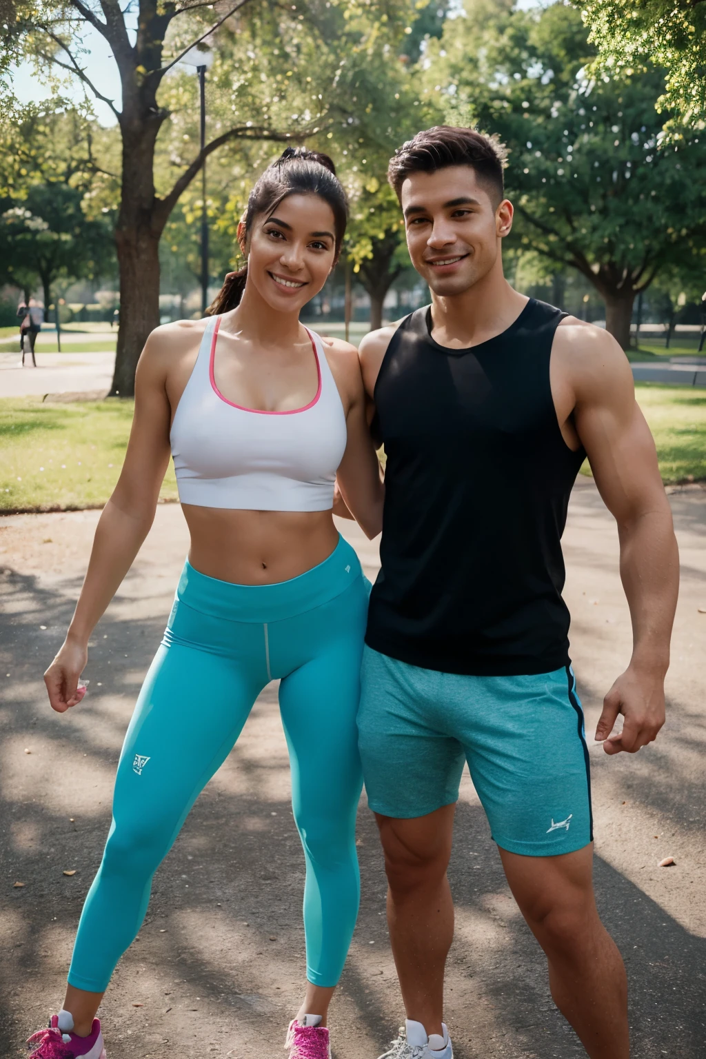 Photo of a straight couple exercising together at the gym or in a park, with vibrant colors and fitness icons."