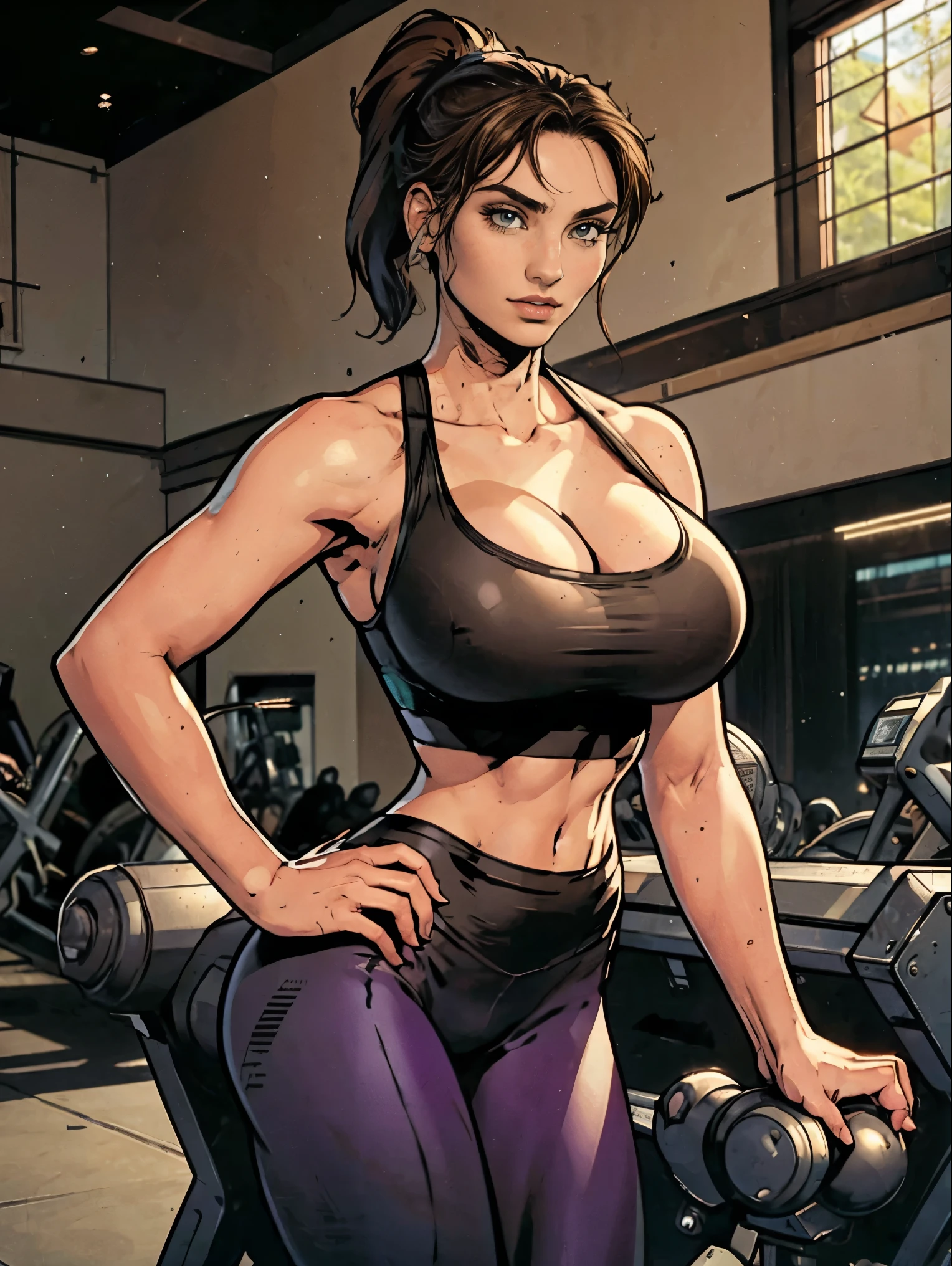 (masterpiece, top quality, best quality, official art, beautiful and aesthetic:1.2), (1girl:1.3), (gorgeous face), light freckles, fair skin, brown hair, extremely detailed, portrait, looking at viewer, solo, (full body:0.6), detailed background, close up, (airy modern theme:1.1), extremely busty gym girl, ponytail, big lips, arched back, flexing her bicep, charlatan, smirk, mysterious, sstanding in the gym, sports bra, leggings, headphones, wet, workout gear, weight machines, windows, modern gym, well-lit, thin and toned physique, gigantic breasts, cleavage, skindentation, slim waist, slim hips, long legs, modern (gym interior:1.1) background, dark mysterious lighting, shadows, magical atmosphere, dutch angle,