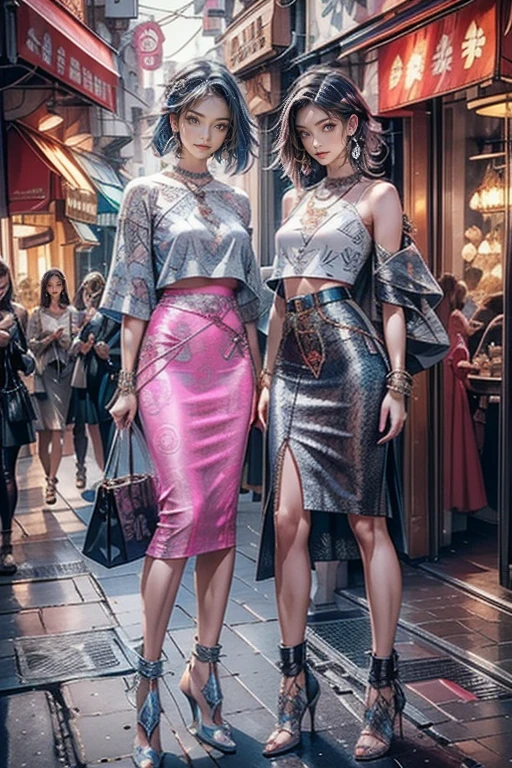 highest quality, Very detailed, masterpiece, Two women posing,(((Perfect female body))),Very beautiful face, Very beautiful body,Gentle expression, Very beautiful eyes,(Perfect Makeup:1.1),Fashion Model,Cyberpunk Fashion, Mullet Cut,Shaggy Hair,pink and blue hair:1.3, very thin body,Smart Abs,((Monogram pattern:1.3)),Blue to red gradient,Fishnet blouse,((Long leg pencil skirt,anklet)),LED Light,Two-tone short boots,A kind smile,couboy shot:1.3,Portrait,(Cyber City:1.3), (Shiny skin),(Earrings),Elegant scarves,See-through long shawl,Liquid Metal,Pirate Belt,DJ Style,