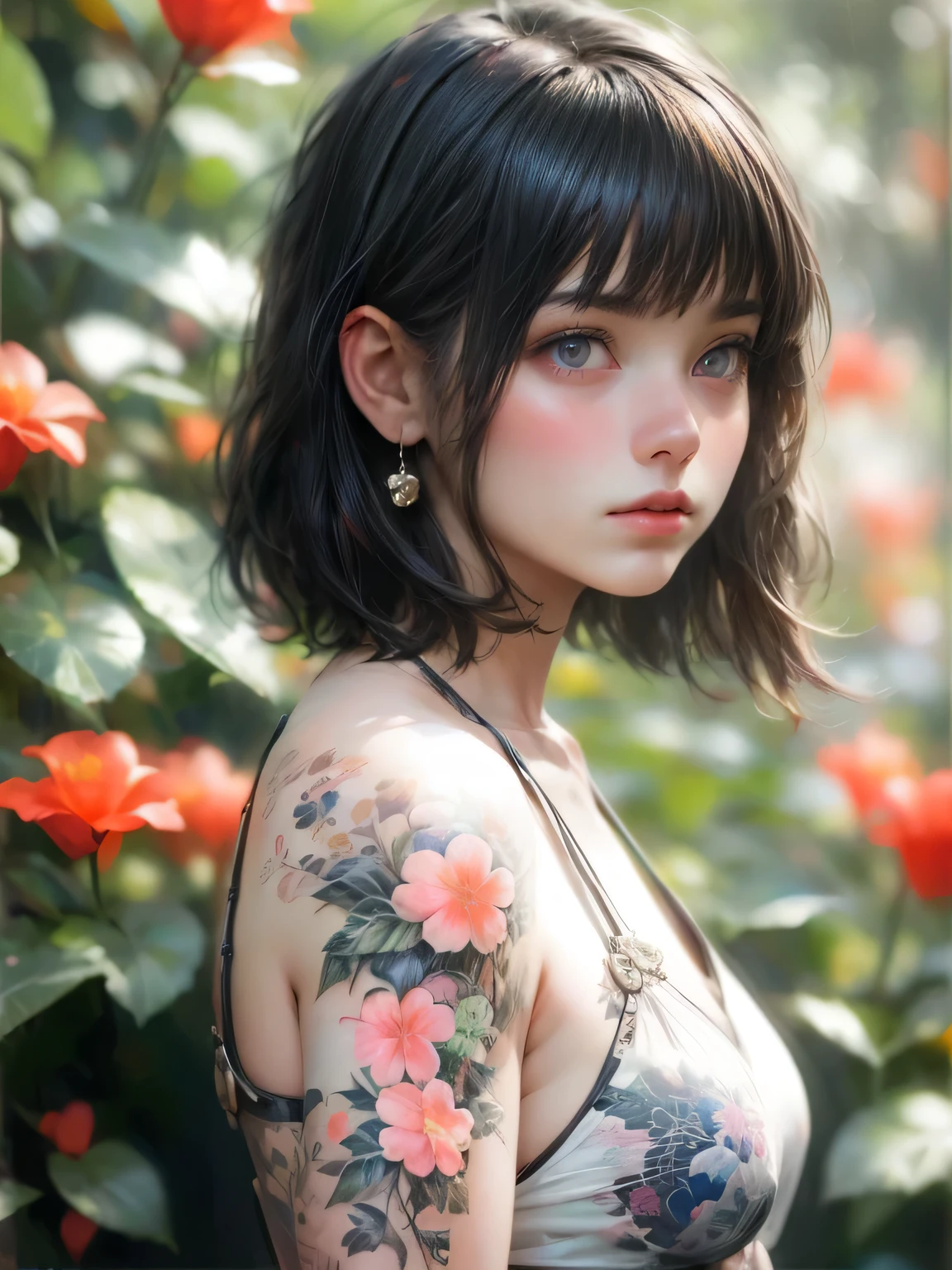 multiple exposure, raw photo:1.2, masterpiece, highest quality, 16k, unbelievably absurd, very detailed, perfect beauty, (realistic style), (flower tattoo), beautiful cute girl, jet black bob cut, drooping eyes, professional lighting, vibrant colors, portrait,