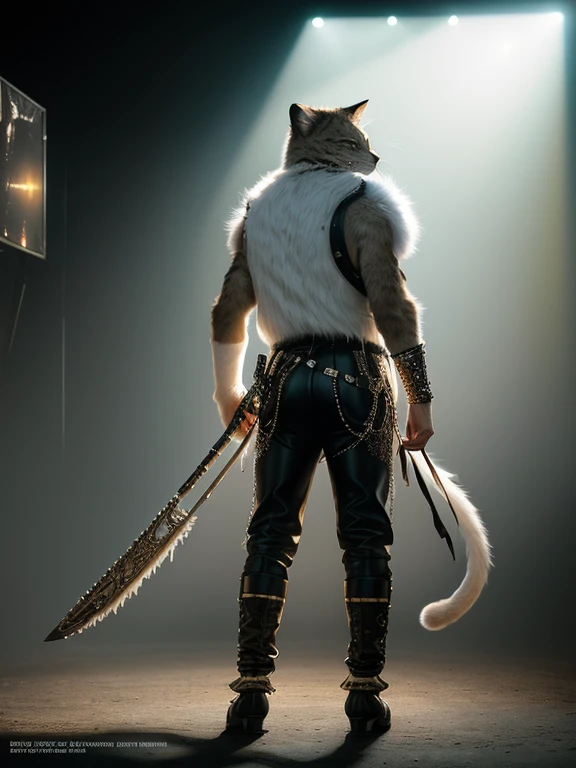 A cute wild cat with white fur stands on his hind legs in leather pants and a vest, realistic fantasy  , full length, в лесу Cinematic, 8K, HDR, ((complex parts, Hyper detailed)), (with backlight:1.3), (Cinematic:1.3), (art station:1.3)