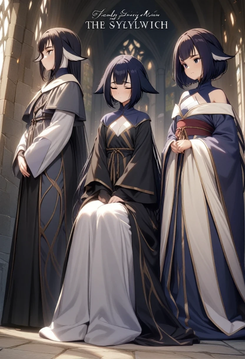 (shylily/(Twich/):1.5),(masterpiece:1.2),(best quality:1.2),(Feeling)Loli body type,Wearing a wide and solemn robe,Long black and smooth hair, The main colors of the clothing are black and dark red,timid, Cat ear, obedient ,stately,Religious dress in medieval style,The main color of clothing is black,Lovely,germination,,Cover