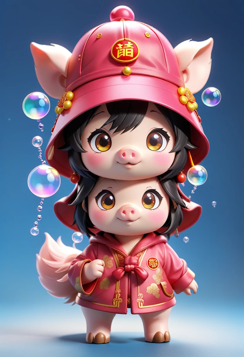 Wearing a Chinese pig hat, Bright Eyes, Bubble Mart Blind Box, 3d rendering