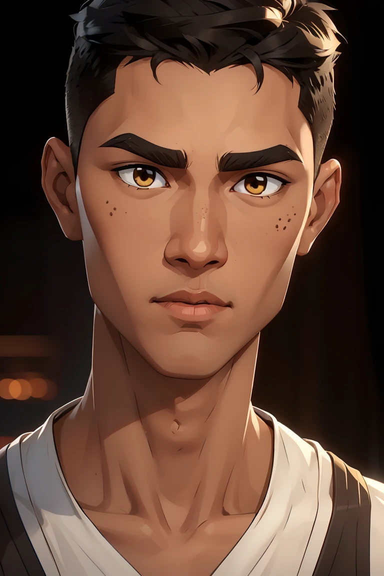 Asian guy, short black hair in crew-cut hairstyle, yellow brownish skin, dark brown eyes, small straight nose, round face, slim, tall and slim, basketballer body type, average face, beauty spot on cheek, ((close-up of face))