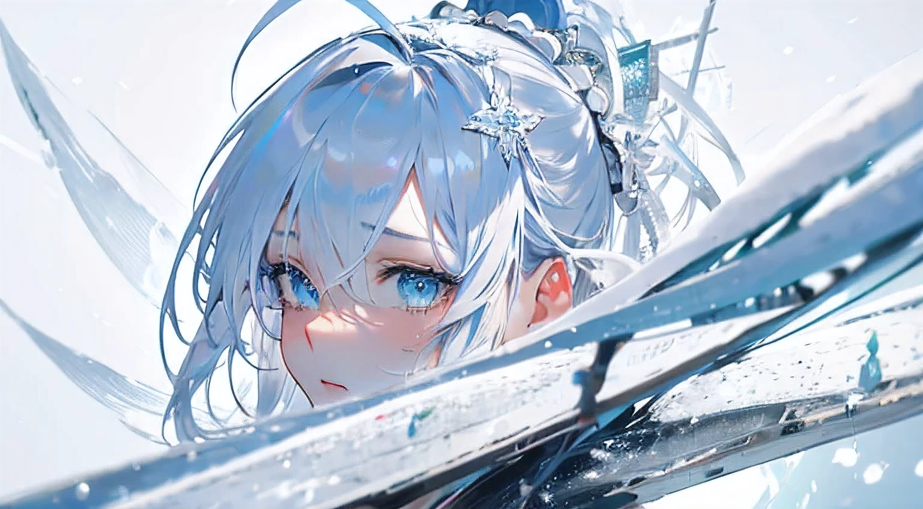 city, ice texture, a girl, oni, samurai, masterpiece, insanely detailed, hyper detailed, best quality, beautiful, absurdres, Full-HD, 16K, blue background, gradient white background, gradient silver background, in the city, with snow, beautiful, hazy atmosphere, fairy academia, in the style of luminosity of water, soft-edged, soft lines, bold, blindfold, shedding tears, serious look, shining lights, directional light, cold lighting, soft lighting, spot lighting, covering one eye, long hair, landscape, blue eyes, aqua hair, surrounded by stars and stardust, full body shot, wide shot, high quality, detailed, ultra detailed