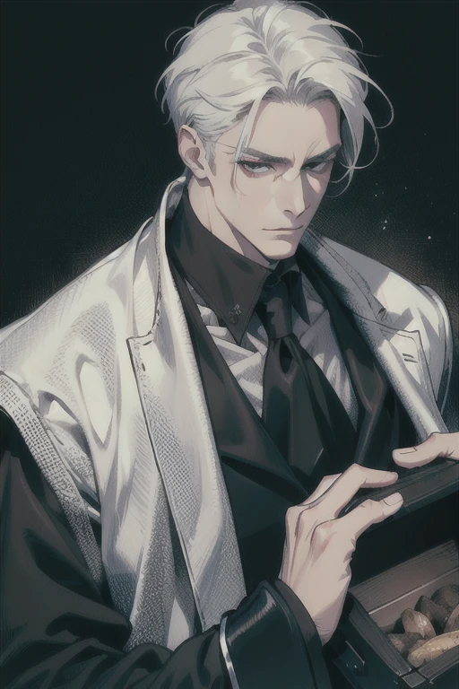 (masterpiece, best quality:1.2), (absurd res, high res, ultra detailed), 1 male, adult, handsome, tall muscular guy, broad shoulders, white hair, finely detailed eyes, portrait, looking at viewer, solo, half shot, detailed background, detailed face, (gothic), smirk, vampire, dark leather, high fantasy,, stealth, undercover, (crates in background), shadows, fog, (dutch angle), closed mouth,