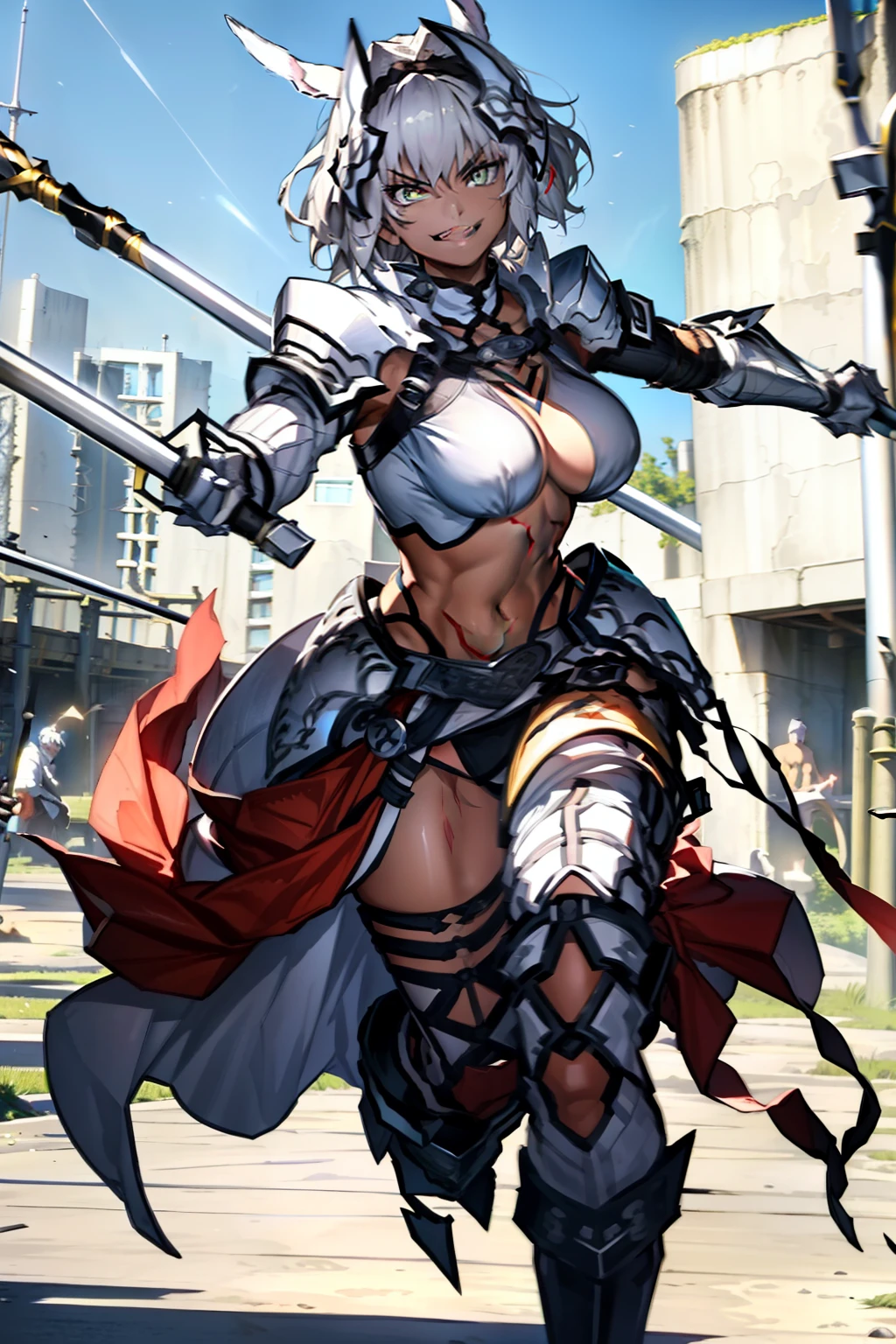 One Woman、young、Silver Hair、Short Hair、Yellow Eyes、Very large breasts、grinning mouth、Warrior、White Cape、Holding a sword、Full body portrait、front、Outdoor、western building background