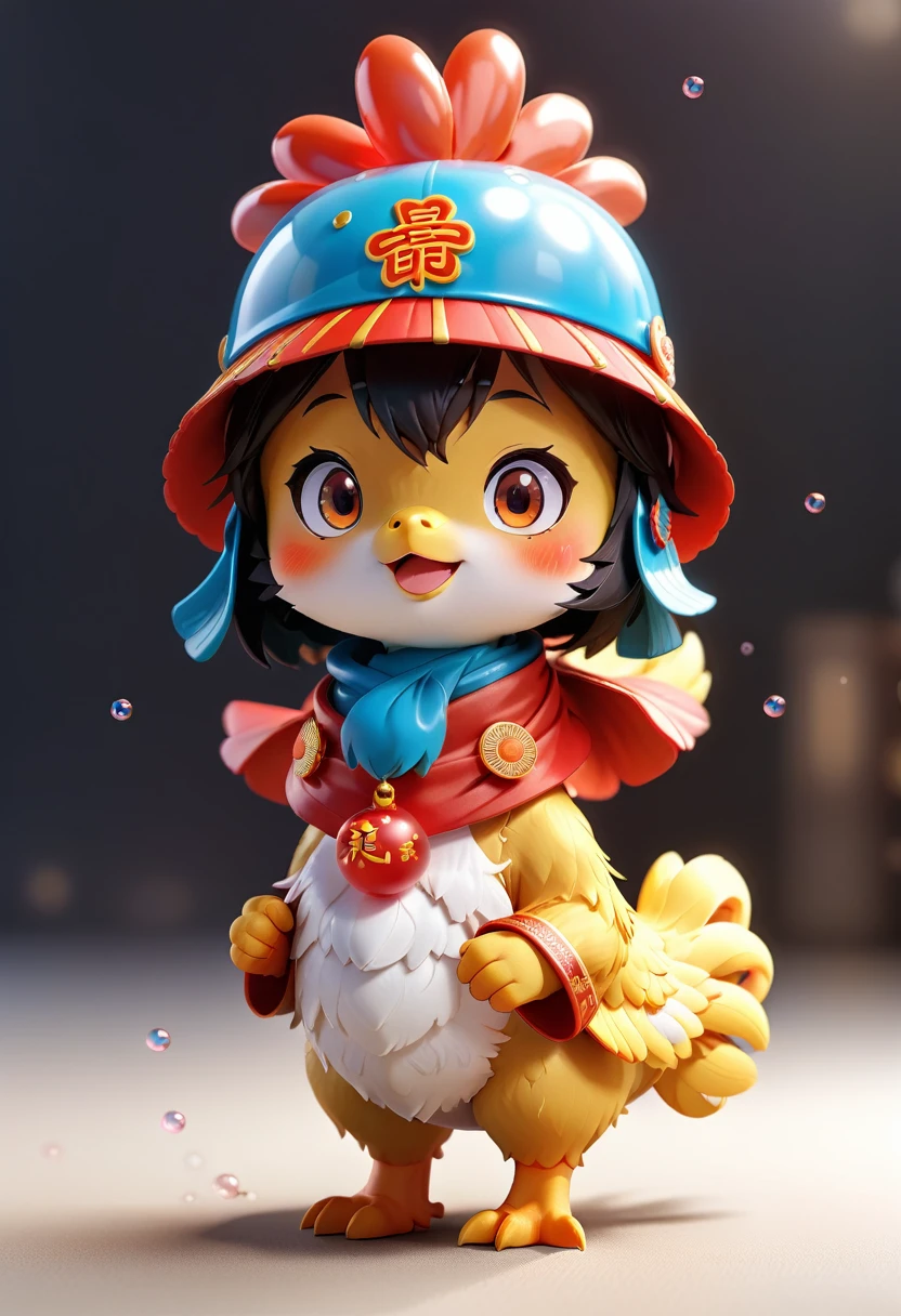 Wearing a Chinese chicken hat, Bright Eyes, Bubble Mart Blind Box, 3d rendering
