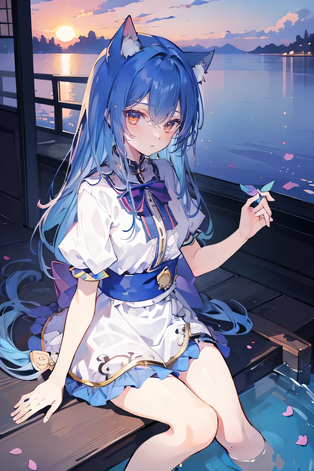 (masterpiece:1.2),Super detailed,Practical,expressive eyes,Fair skin,Perfect face shaping,1 Girl,
Japanese cartoons,Gorgeous blue hair, the long flowing blue hair,Floating clothes,Cat ears,Petals falling,beautiful lola,Young Angel,
Hands on waist,sit elegantly on the ground,Cross your legs,Gentle and peaceful background,Cool and cozy pavilion,Sunset,