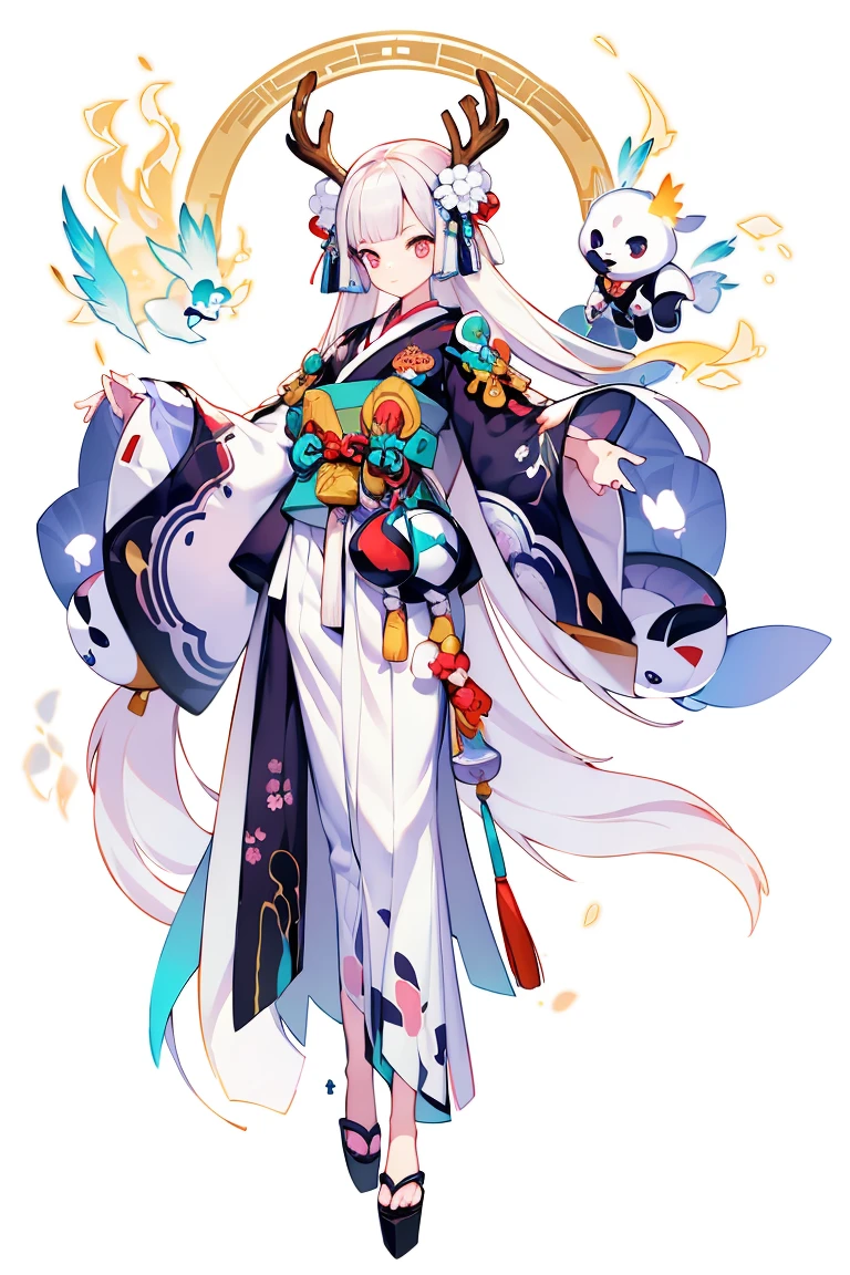 (Masterpiece:1.2)，Best quality，white backgrounid，Bamboo leaves，（1Blittle girl：1.5，Full body standing painting，looking at viewert），deer antlers, Entwined vines, petals, Pink and white clothes，long  skirt，facial closeups，big beatiful eyes，detailed face with，Flashy clothes，Wide_Sleeves，sash，flower，Ethereal panda，Dreamy，Onmyoji detailed art，A beautiful artwork illustration，Beautiful digital artwork，shoes，Footwear, komono, Zephyr elements, Flashy clothes, Traditional oriental art style, Beautiful painting style, ukiyo-style, tmasterpiece, top Quority, best qualtiy, Ultra-high resolution