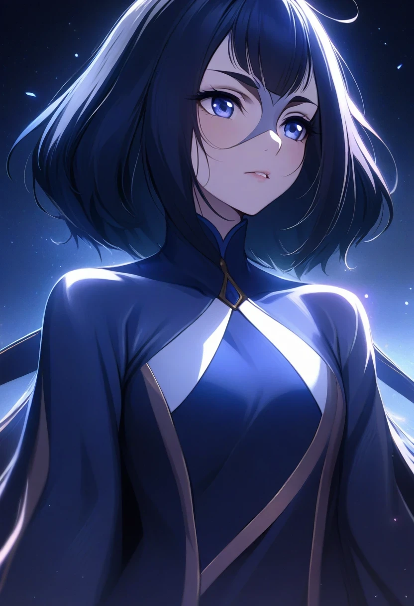 (shylily/(Twich/):1.5),(masterpiece:1.2),(best quality:1.2),Upper part of the body,1 Girl,Messy hair,White tights,Black long sword,Mid-chest,wallpaper,Sky background at night,Light Particles,Black smoke,