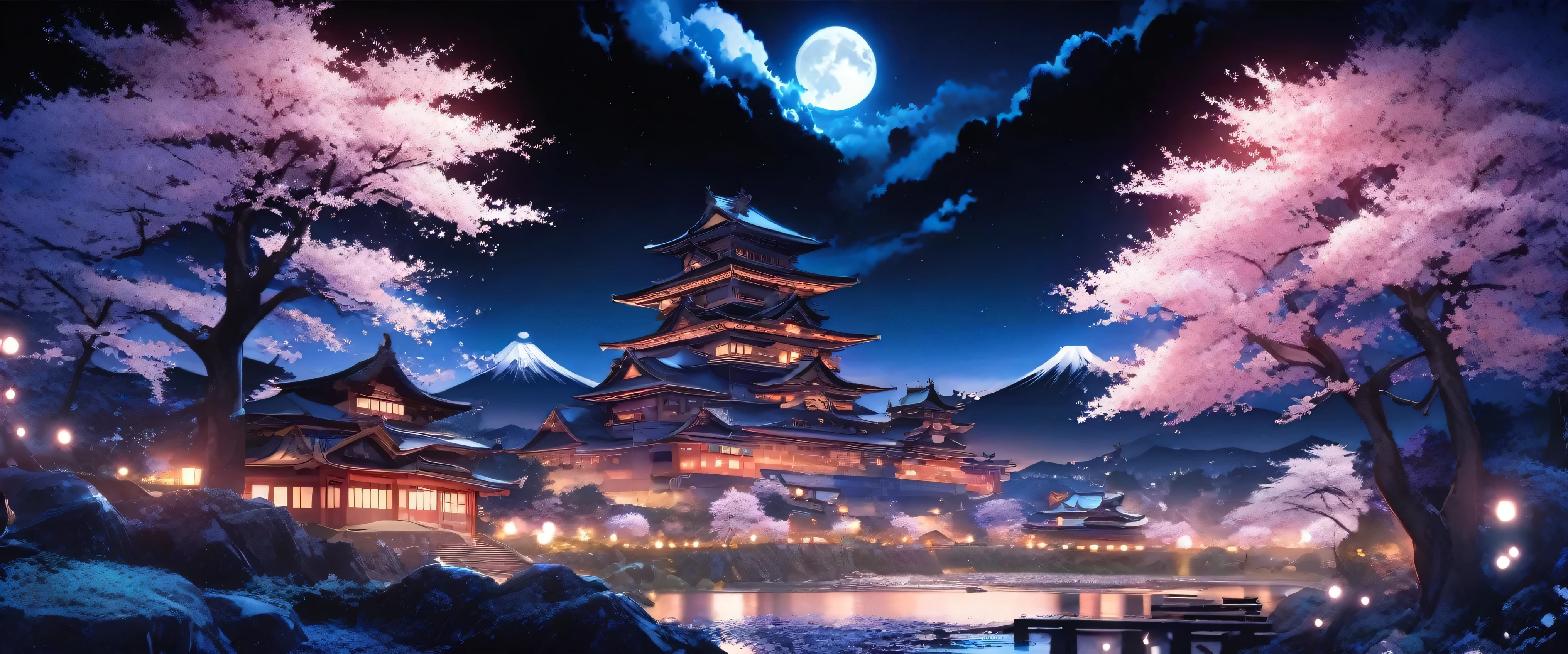 japanese land, sakura tree, japanese castle, fuji montain, blue light, night
