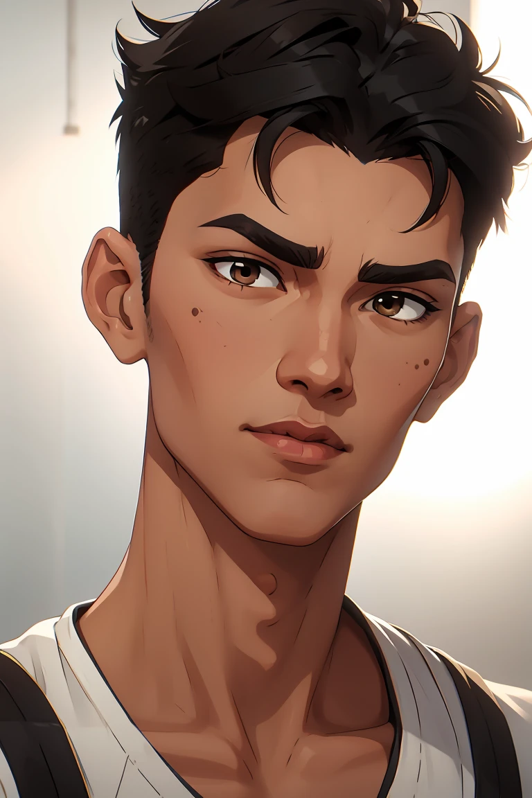 Asian guy, short black hair in crew-cut hairstyle, dark brown eyes, small straight nose, round face, slim, tall and slim, basketballer body type, average face, beauty spot on cheek, ((close-up of face))