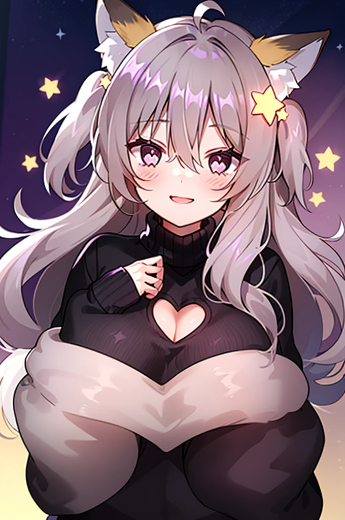 Nitev, 1 Girl, portrait, Upper Body, Animal ears绒毛, Animal ears, Turn your hands over your chest, Black Sweater, blush, Purple Eyes, Gray hair, Cleavage cut, Garment cutting, Fox ears, Fox Girl, Hair accessories, heart motif, long hair, Long sleeve, looking at the audience, Medium breasts,  one side up, Open your mouth, Smile, Solitary, Star \(symbol\), Star Hair accessories, turtleneck sweater, turtleneck sweater sweater, Virtual YouTuber,  