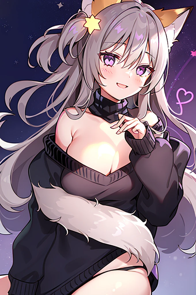 Nitev, 1 Girl, portrait, Upper Body, Animal ears绒毛, Animal ears, Turn your hands over your chest, Black Sweater, blush, Purple Eyes, Gray hair, Cleavage cut, Garment cutting, Fox ears, Fox Girl, Hair accessories, heart motif, long hair, Long sleeve, looking at the audience, Medium breasts,  one side up, Open your mouth, Smile, Solitary, Star \(symbol\), Star Hair accessories, turtleneck sweater, turtleneck sweater sweater, Virtual YouTuber,  