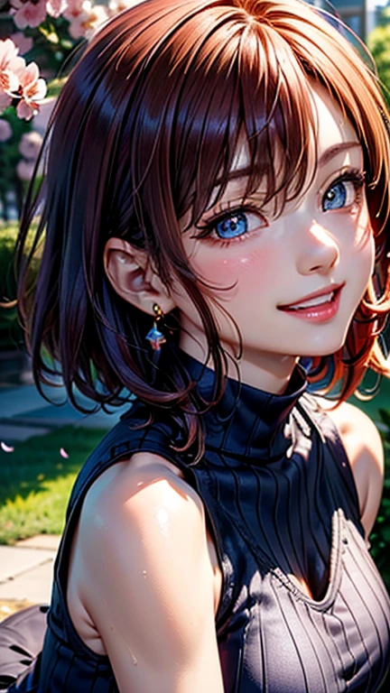 (((UHD)), ((highest quality)), ((masterpiece)), (Very detailed), (High resolution), (Beautiful detailed sparkle), (High detail), (Anatomically correct)), ((Realistic)), ((The best CG)), Ultra-detailed art, CG illustration, 8k, 1080P, Photorealistic:1.37, Anime 2D Rendering,
(((One Woman))),
(Symmetrical facial features:1.4, Perfect Face), Beautiful clavicle, (Beautiful fingers), (Beautiful breasts, ((Small breasts))),
Beautiful body, Beautiful thighs, Beautiful feet, Perfect round butt, (((Detailed skin, Oily skin, Textured skin, Beautiful white skin:1.4))),
(((, cute, 20-year-old))),
(Slanted Eyes, Expression of fine eyes, Beautiful and delicate eyes, Sparkling eyes, Eye Reflexes, Dark blue eyes),
(Beautiful Nose,Thin Nose),
(Smaller mouth, Glossy Lips, Beautiful Lips, thick lips),
(Beautiful Hair, Shiny Hair, Shiny Hair), Hair fluttering, (Red hair:1.4, Hair that hides one eye、short hair:1.4),
((Blue sleeveless high neck sweater dress:1.4)、Black Pantyhose:1.4、High heels)、 Earrings、
BREAK
(laughing、smile),
BREAK
(noon、(Cherry blossom trees:1.4、Sunlit park)), ((face close-up))