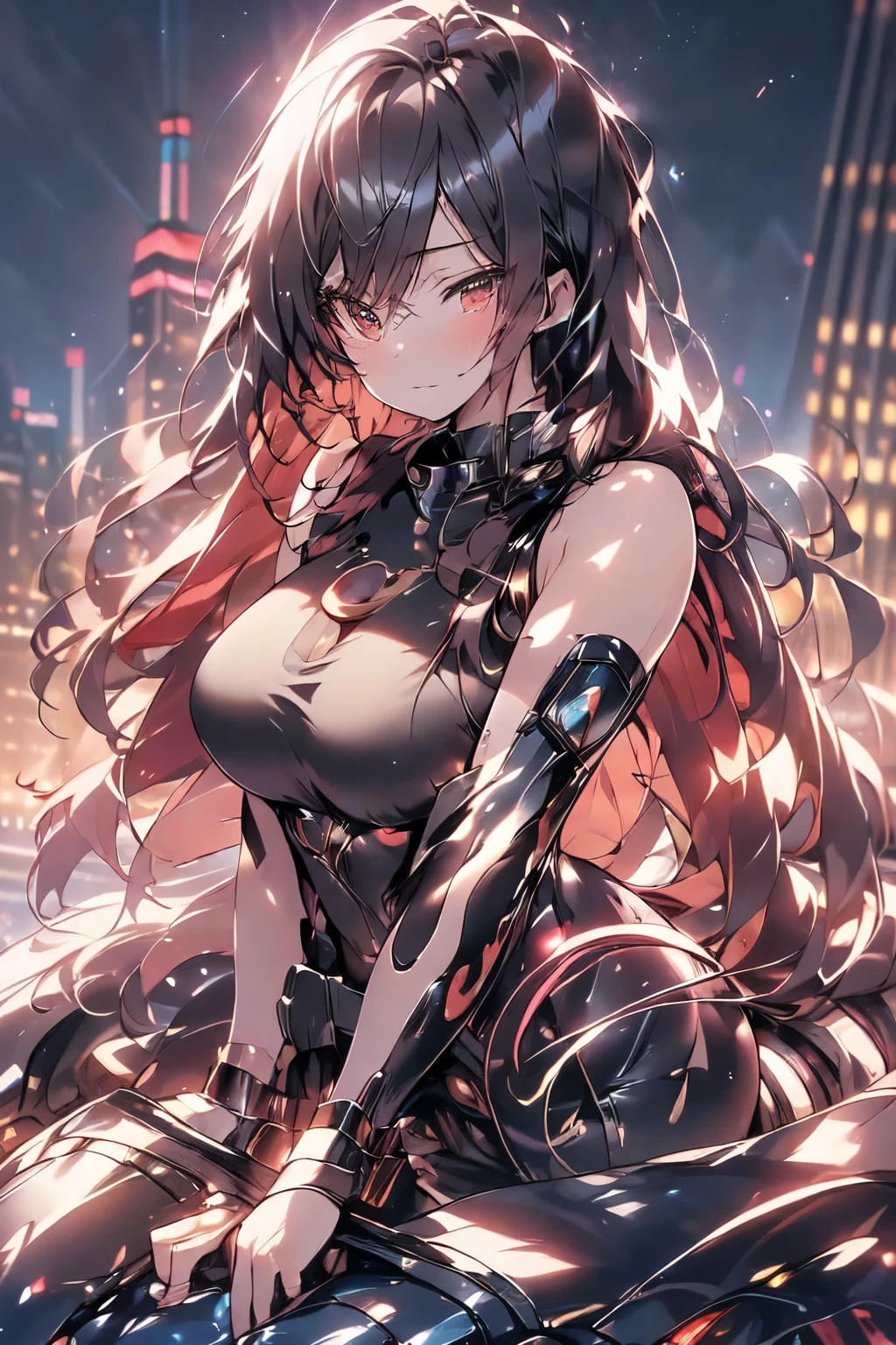 anime, (artwork, best quality, ultra-detailed, high contrast), beautiful, Alone, 1 woman, full body, plus size body, Long hair, black hair, blue highlights at the ends of the hair,red eyes, perfect eyes, ruby sparkles, black leather bodysuit, pleassed skirt, red cloak, (transparent black socks), futuristic, cyberpunk, cinematic angle, Cinematic lighting, Work of art, best quality, nsfw, crotch rubbing standing on the edge of the skyscraper, (skyscraper roof, overlooking a city, detailed background ((night time, Darkness, low light pollution))