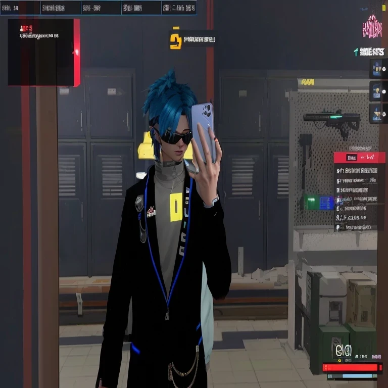 There was a man with blue hair and a black jacket holding a cell phone., Live2d virtual YouTuber model, In the game, In Cyberpunk 2077, WeChat, cyber glasses, Fashion Gameplay Screenshot, cyber style, cyber aesthetics, Virtual Identity, second life avatar, In the game, In the game, In the cyber-punk alliance, cyberpunk setting