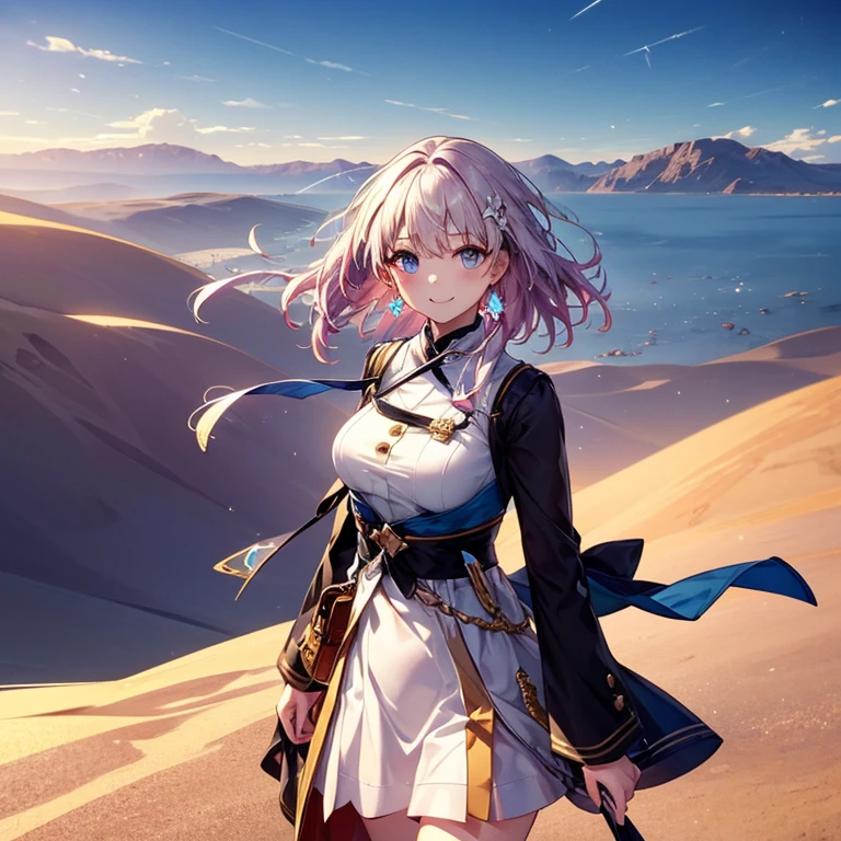 (((masterpiece)))、(((highest quality)))、((Ultra-detailed))、(Awareness-raising)、((Very delicate and beautiful))、、Bright smile、floating、Light purple hair、(Detailed light) (One Girl)、、solo、Long-haired、The wind is blowing、world、Originally、(desert)、(Cute eyes)、Yellow sand in the sky,The background is a vast desert, Desert Oasis,,succulent plants,(Aerial view)、(Loose clothing with good ventilation)