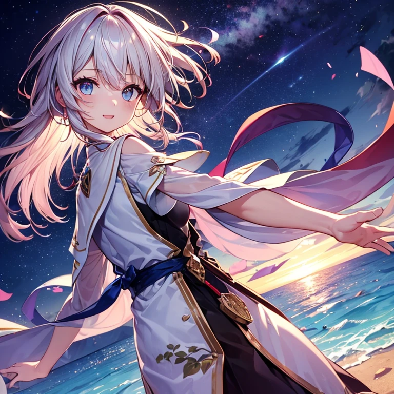 (((masterpiece)))、(((highest quality)))、((Ultra-detailed))、(Awareness-raising)、((Very delicate and beautiful))、、Bright smile、floating、Light purple hair、(Detailed light) (One Girl)、、solo、Long-haired、The wind is blowing、world、Originally、(desert)、（Cute eyes）、Yellow sand in the sky，The background is a vast desert, Desert Oasis，，succulent plants，（Aerial view）、（Loose clothing with good ventilation）