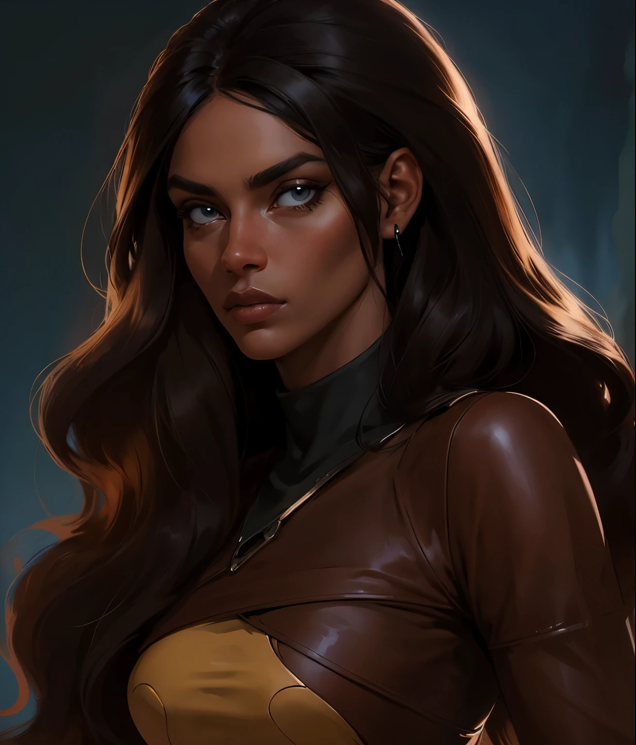Imagen de una mujer, Brown leather, long pelo negro, light animation, pelo negro, brazilian woman from the front, pelo negro, detailed animation, pelo negro, pechos grandes, vestido rojo, pelo negro, ojos desafiantes, pelo negro, blue eyes, pelo negro Good lighting, cara cercana