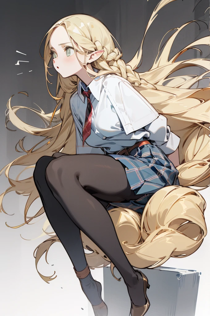 Pantyhose, Pop colors,(whole body,Blonde)long Blonde hair, Bust and waist,White top,High heel,whole body,Pleated Skirt,Plaid skirt